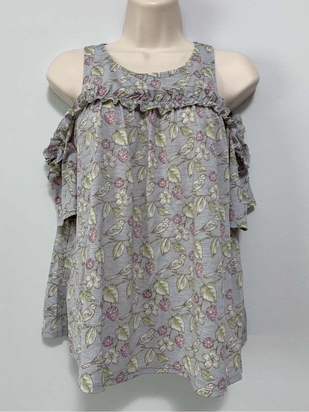 #19 LC Lauren Conrad Birds Flowers Boho Cold Shoulder Sleeve Blouse Top Shirt
